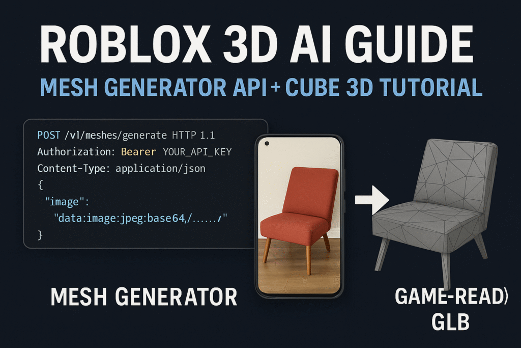 Roblox 3D AI guide thumbnail showing the Mesh Generator API converting a chair photo into a game-ready 3D model using CUBE 3D